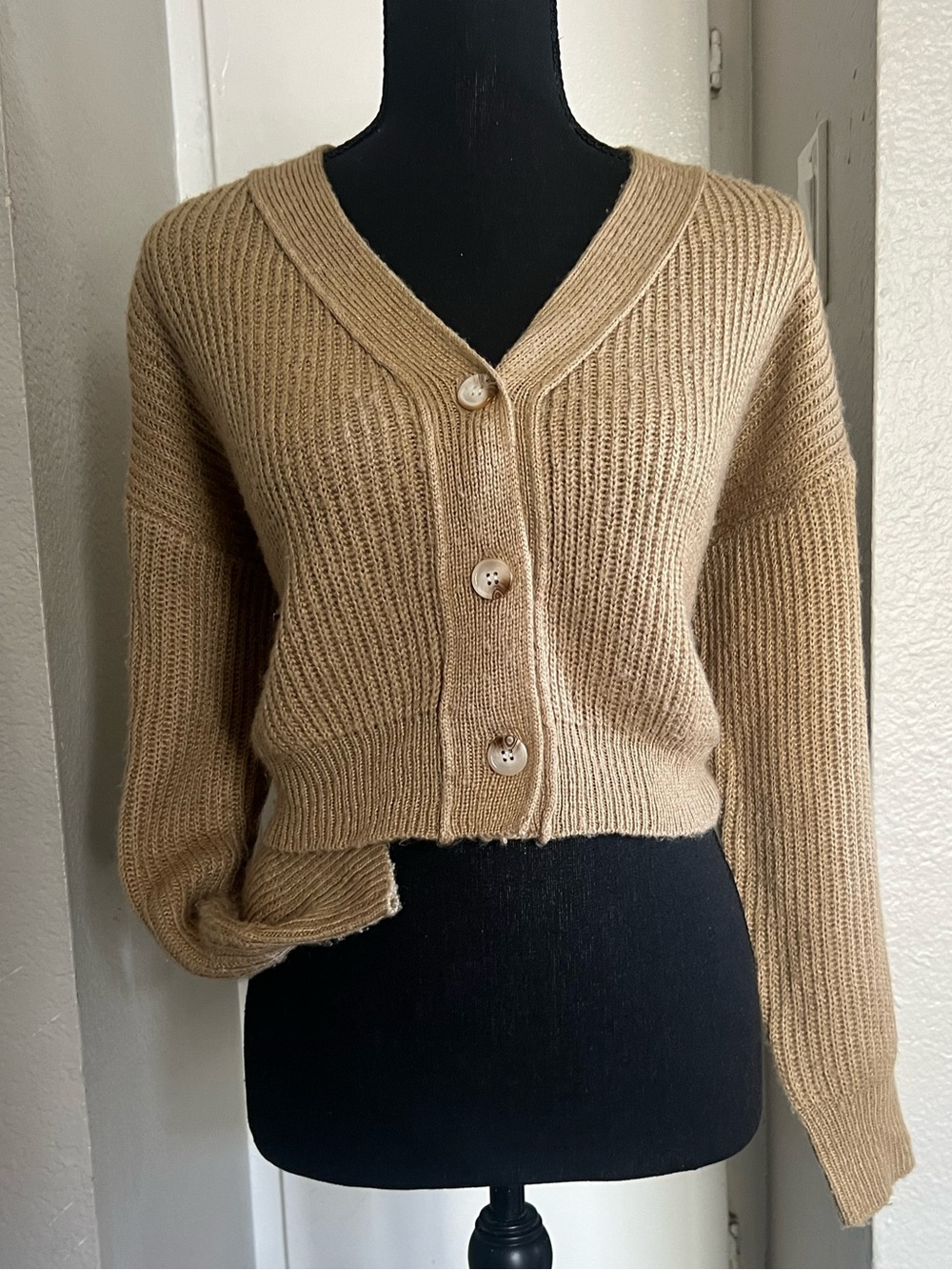 Cropped V-Neck Button Cardigan - Tan